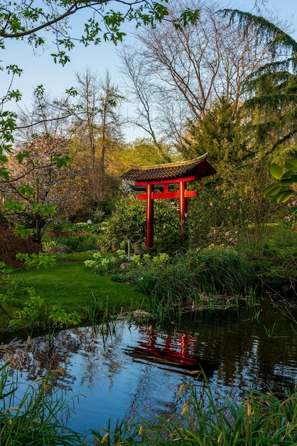 Foto gazebo por el lago contra los árboles