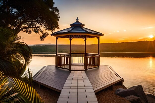 Foto gazebo en un lago con una puesta de sol de fondo