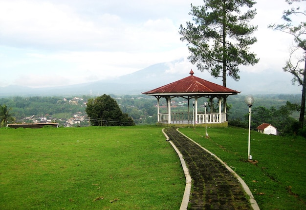 Gazebo mit Rasen und Steinstraße