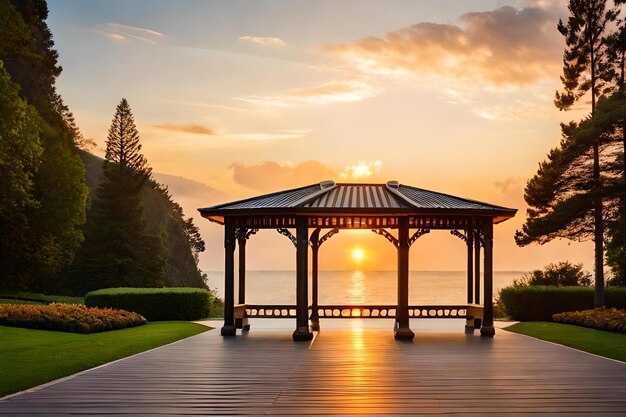 Gazebo con la puesta de sol de fondo