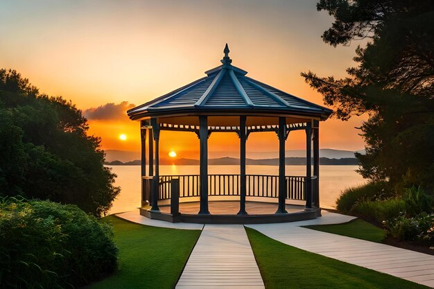 Gazebo con puesta de sol de fondo