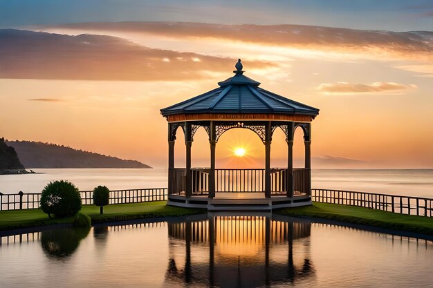 Gazebo con puesta de sol sobre el agua