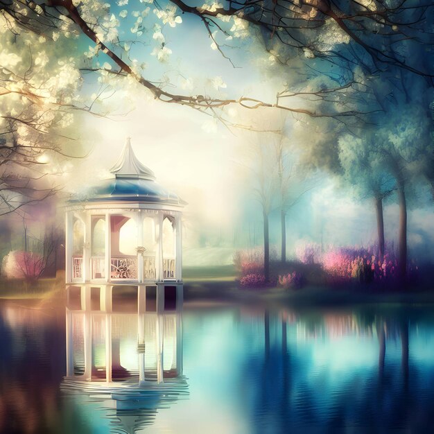 Gazebo en el reflejo del lago en el agua