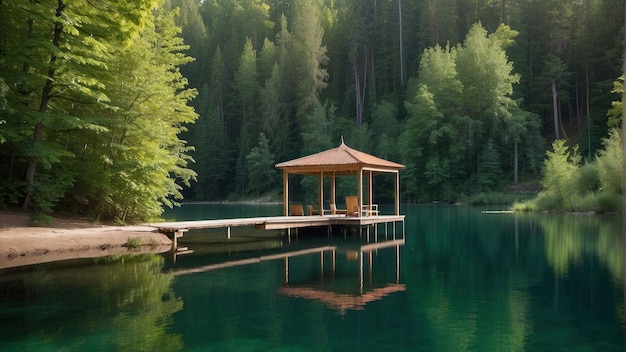 Gazebo sereno à beira do lago em vegetação