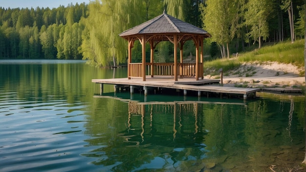 Gazebo sereno à beira do lago em vegetação