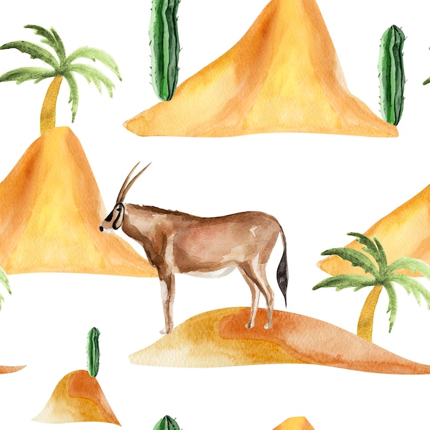 Gazela no deserto entre as dunas sem costura padrão de aquarela
