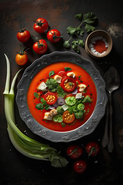 Gazpacho decore com salsa em um prato com borda ondulada Illustrator AI Generative