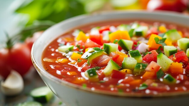 Gazpacho uma sopa fria vibrante de puré de tomates maduros pimentas pepinos cebolas e alho enriquecidos com azeite de oliva e vinagre apresentados em um prato de sabores