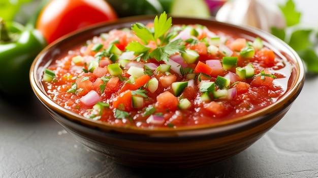 Gazpacho uma sopa fria vibrante de puré de tomates maduros pimentas pepinos cebolas e alho enriquecidos com azeite de oliva e vinagre apresentados em um prato de sabores