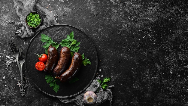 Gebackene Blutwurst Buchweizenwurst Draufsicht Freier Platz für Ihren Text