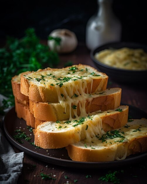Gebackene Brotscheiben mit Käse und Petersilie auf einem generativen Teller
