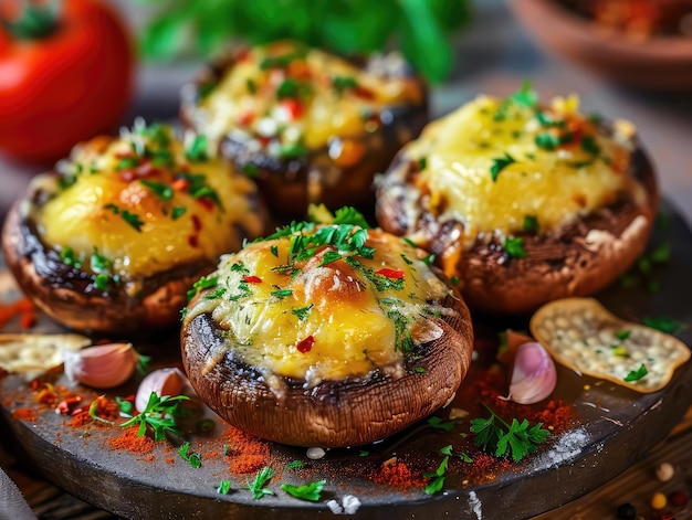 Gebackene Champignons Gefüllte Pilze Kappen mit Käse Knoblauch und Kräuter Gebackene Campignons