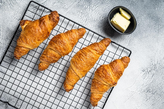 Gebackene Croissants auf einem Kühlregal Weißer Hintergrund Top-View