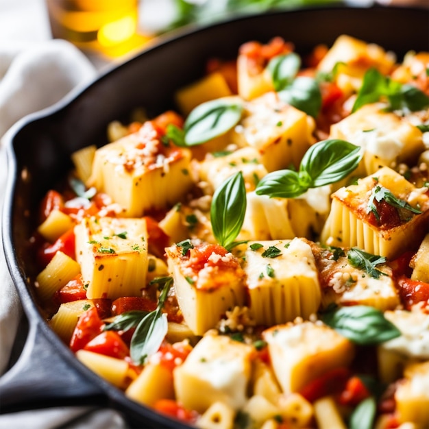 Gebackene Feta-Nudeln in Tomatensauce auf einem Teller