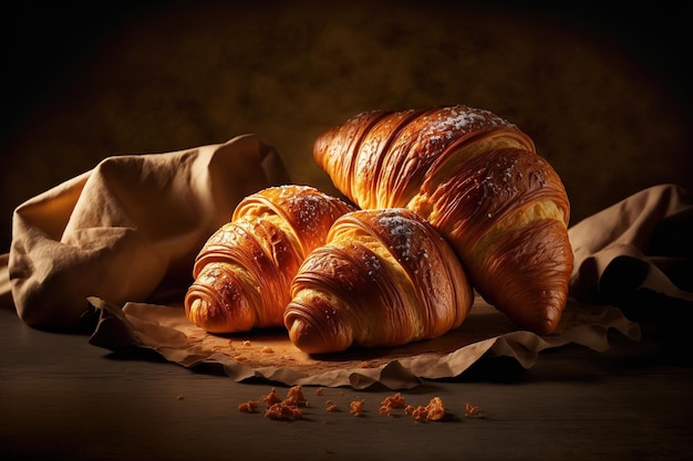 Gebackene frische Croissants Warme frische Croissants und Brötchen mit Butter