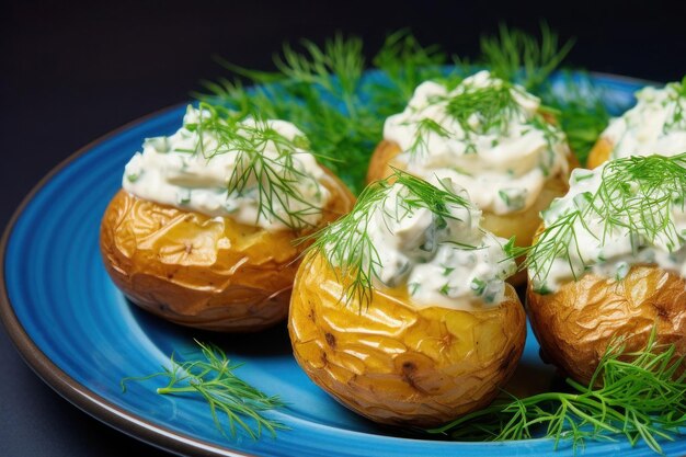 Gebackene ganze Kartoffeln mit Kräutern auf einem Teller Ganze runde Kartoffelen mit Schalen im Ofen Kartoffelstuf