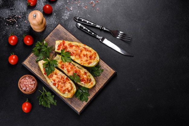 Gebackene gefüllte Zucchiniboote mit gehackten Hühnerpilzen und Gemüse mit Käse