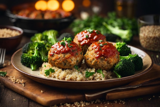 Gebackene Hähnchenfiletbällchen mit Quinoa-Garnitur und gekochtem Brokkoli, richtige Ernährung, Sport