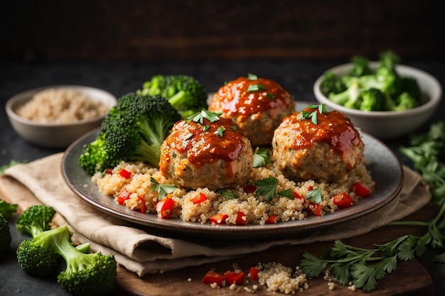 Gebackene Hähnchenfiletbällchen mit Quinoa-Garnitur und gekochtem Brokkoli, richtige Ernährung, Sport