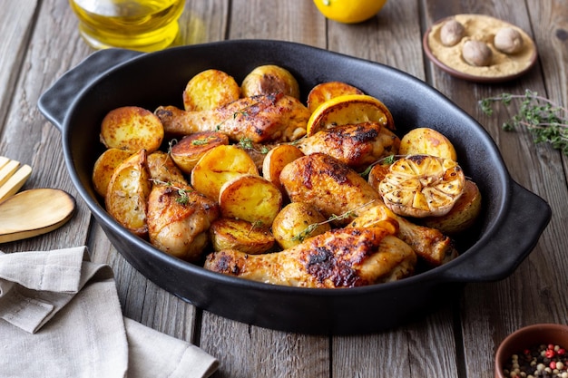 Gebackene Hähnchenschenkel mit Kartoffeln und Zitrone Rezept