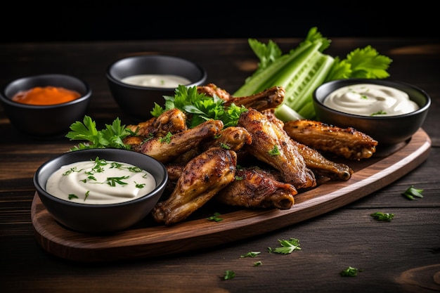 Gebackene Hühnerflügel mit Ranch-Dressing und Gemüse Gesundes Snack-Option