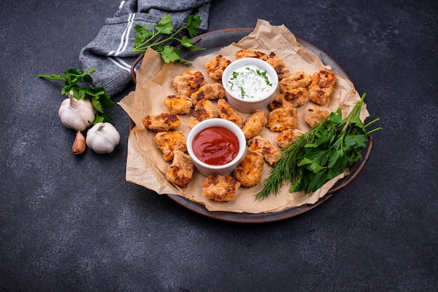 Gebackene Hühnernuggets mit Saucen und Gemüse