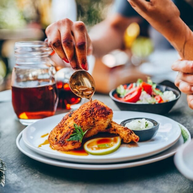 Foto gebackene hühnertrommel mit orangefarbener geräucherter paprika, provenzalischen kräutern und olivenöl