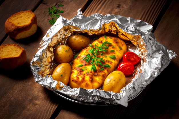 Gebackene Kartoffeln in Folie mit gebackenen Tomaten und frischen Kräutern auf Holztisch mit Brotscheiben