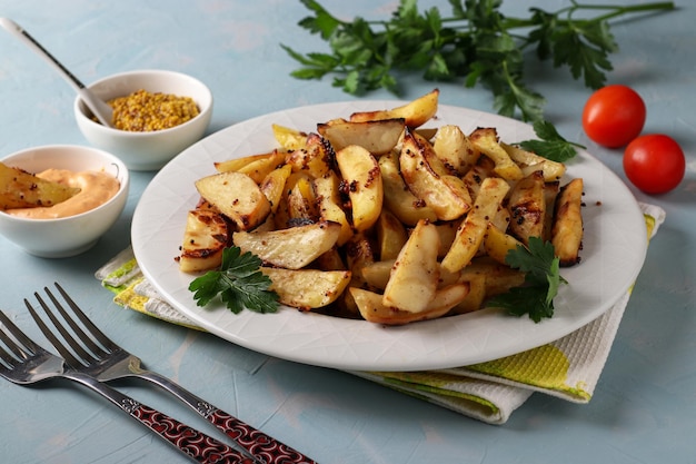 Gebackene Kartoffeln mit Senf-Paprika-Sauce in einem Teller auf blauem Hintergrund