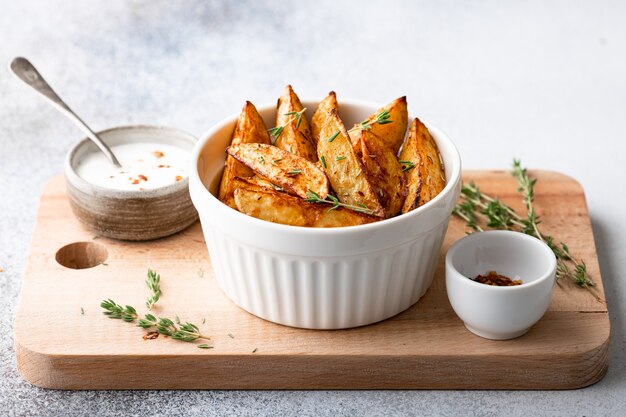 Gebackene Kartoffelschnitze mit Soße und Thymian auf hellem Hintergrund