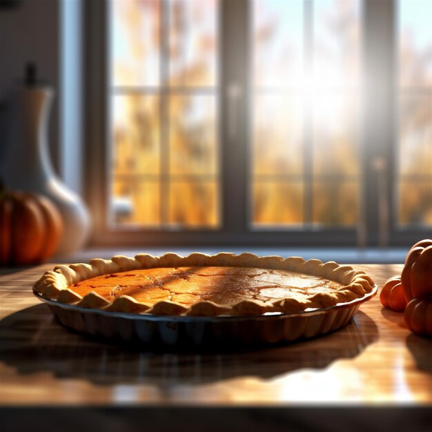 Foto gebackene kürbiskuchenkuchen auf einem holztisch in der küche verschwommenen hintergrund ai erzeugt