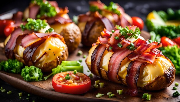 Foto gebackene neue kartoffeln, in speck gewickelt, käse-sauce und frisches gemüse, dunkler hintergrund