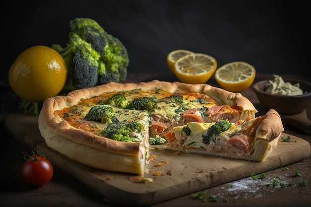 Gebackene Quiche mit Lachs und Brokkoli Illustration Generative AI