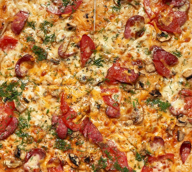 Gebackene runde pizza mit geräucherten würstchen, champignons, tomaten, käse und dill