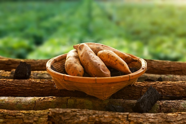 Gebackene Süßkartoffel im Korb mit Bauernhof
