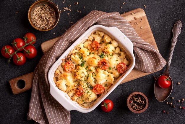 Gebackener Blumenkohl, gekocht mit Tomaten und cremigem Käse, gesunde Gemüsemahlzeit