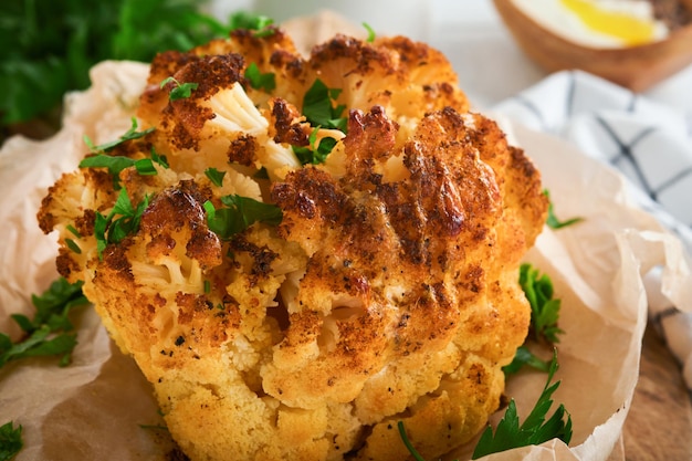 Gebackener Blumenkohl Ofen oder ganze gebackene Blumenkohl Gewürze und Kräuter Server auf hölzernen rustikalen Brett auf alten weißen Holztisch Hintergrund Köstlicher Blumenkohl Eyal Shani Gericht Perfekter leckerer Snack