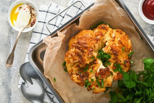 Gebackener Blumenkohl Ofen oder ganze gebackene Blumenkohlgewürze und Kräuter Server auf rustikalem Holzbrett auf altem grauem Hintergrund Tisch Köstlicher Blumenkohl Eyal Shani Gericht Perfekter leckerer Snack