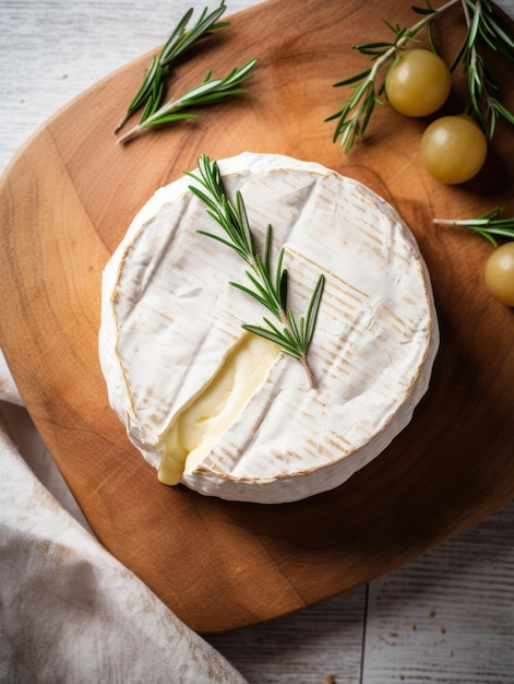 Gebackener Camembert-Käse mit Trauben und Kräutern auf Holztafeln Top-View-Food-Foto