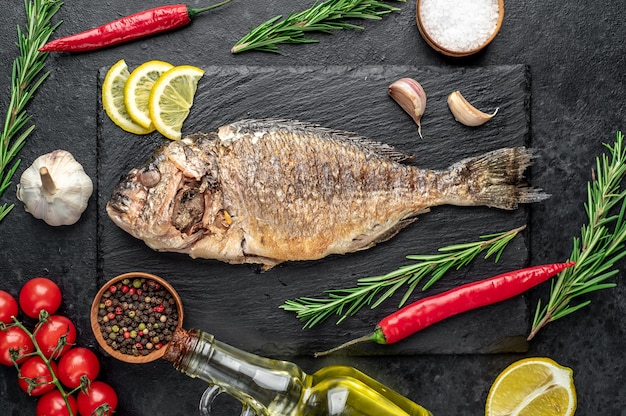 gebackener Dorado Fisch auf Steintisch