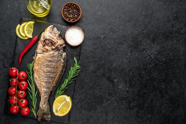 gebackener Dorado Fisch auf Steintisch