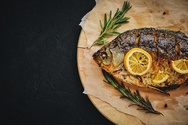 Gebackener Fisch im Ofen mit Zitrone und Rosmarin ausgelegt Schneidebrett und Pergamentpapier auf dunklem Hintergrund
