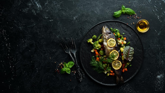 Gebackener Forellenfisch mit Gemüse und Zitrone auf einer schwarzen Platte Draufsicht Freier Kopienraum