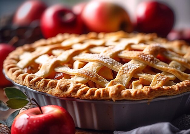 Foto gebackener frischer süßer apfelkuchen mit roten rohen äpfeln