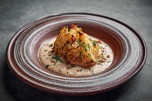 Gebackener hausgemachter Blumenkohl in Gruyere-Käsesauce, Kräutern und Olivenöl in einer Keramikplatte auf einer dunklen Oberfläche