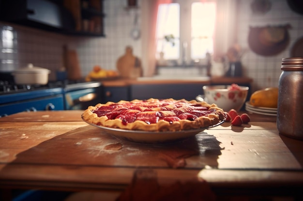 Gebackener hausgemachter Erdbeerkuchen auf rustikalem Holztisch Küchenhintergrund AI generierte selektiven Fokus