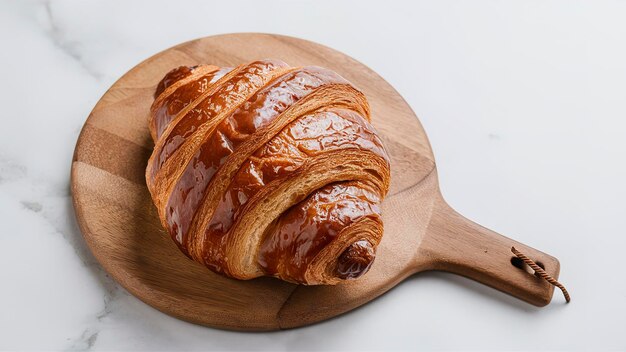 Gebackener knuspriger Croissant auf einem hölzernen weißen Tisch