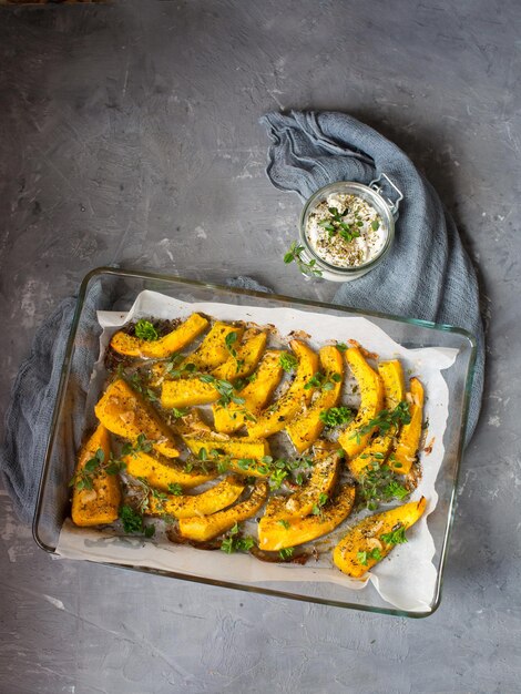 Gebackener Kürbis mit Thymian Saisonaler Gemüseaperitif Kürbisscheiben mit Knoblauch, serviert mit Sahne