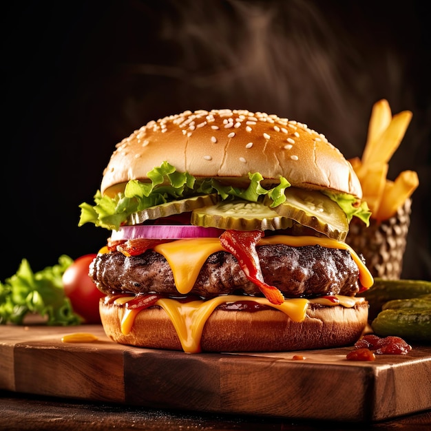 Gebackener Rindfleisch-Cheeseburger auf geröstetem Brötchen mit frischem Gemüse und Gewürzen