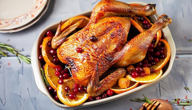 Gebackenes, appetitliches ganzes Hähnchen mit Orangen und Preiselbeeren in Ofenform